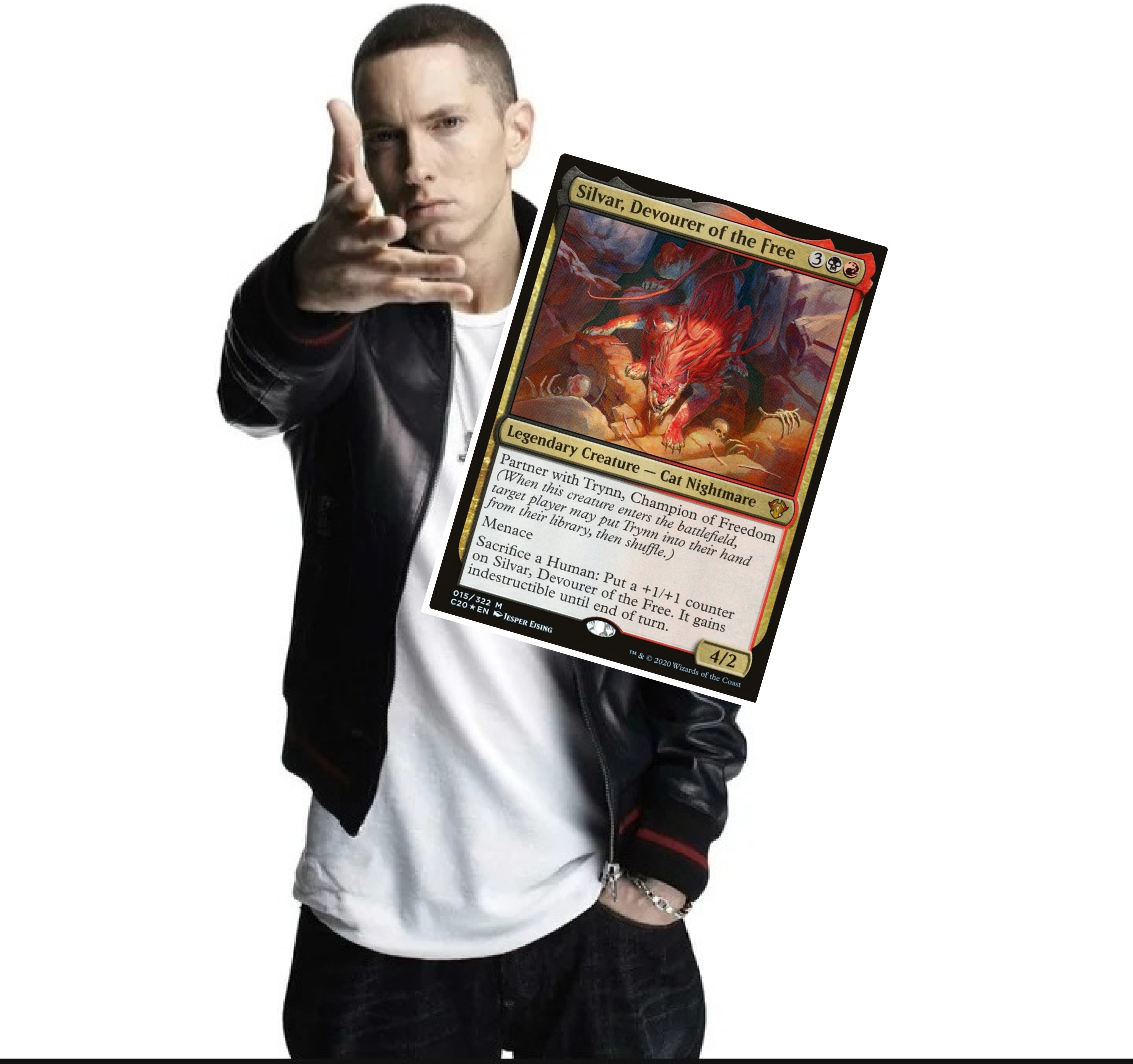 eminem throwing meme but the thing thrown is the MTG card Silvar, Devourer of the Free